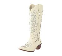 Generisch Stivali alti Western Stivali al ginocchio ricamati con strass tacchi per donne stivali da donna, bianco, 37 EU