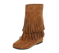 Generisch Stivali da cowboy, da donna, con gambo largo, in pelle scamosciata, invernali, con frange, a mezza gamba, con punta tonda, con suola antiscivolo, da neve, giallo., 36 EU