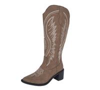 Generisch Stivali da cowboy da donna western cowgirl alti polpacci, stivali da cowboy, stivali da cowboy, stivali da cowboy, stivali ricamati a punta, cachi, 42 EU