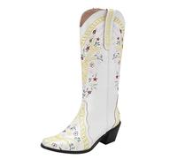 Generisch Stivali da cowboy, stivali da cowboy, stivali da cowgirl con tacco grosso, stivali ricamati con tacco medio alto alla caviglia, stivali alti con pizzo a punta, pizzo quadrato, bianco, 36 EU