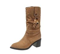 Generisch Stivali da donna con gambo stretto, a mezza pecora Slip-On al ginocchio, con tacco largo, in pelle scamosciata, marrone, 39 EU