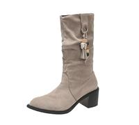 Generisch Stivali da donna con gambo stretto, a mezza pecora Slip-On al ginocchio, con tacco largo, in pelle scamosciata, beige., 41 EU