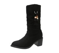 Generisch Stivali da donna con gambo stretto, a mezza pecora Slip-On al ginocchio, con tacco largo, in pelle scamosciata, Nero , 35 EU