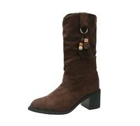 Generisch Stivali da donna con gambo stretto, a mezza pecora Slip-On al ginocchio, con tacco largo, in pelle scamosciata, caffè, 39 EU