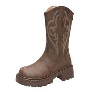 Generisch Stivali da donna con tacco a blocco, suola profilata, da cowboy, da donna, con gambo largo, a mezza gamba, vintage, con ricamo, caffè, 38 EU