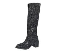 Generisch Stivali da donna Europa e America: stivali pendenti con paillettes con tacco spesso e scollo a V lungo sul fusto - stivali alla moda per donna scarpe da donna metallizzato, Nero , 41 EU