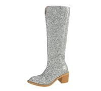 Generisch Stivali da donna Europa e America: stivali pendenti con paillettes con tacco spesso e scollo a V lungo sul fusto - stivali alla moda per donna scarpe da donna metallizzato, argento, 40 EU