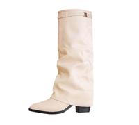 Generisch Stivali da donna Shark Boots - Slouchy ampi stivali da cowboy comodi punta punta con plateau tacco lungo al ginocchio alto inverno caldo in pelle moda comfort invernali, 01 bianco, 42 EU