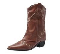 Generisch Stivali da donna vintage Rivet Cuffed Western Pointed Toe Fold Over Cowboy Stivali Pull on con tacco a blocco, suola profilata, stivaletti con tacco a spillo, marrone, 36 EU