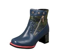 Generisch Stivali da equitazione invernali eleganti stivali da donna in pelle pressata con altezza media polpaccio e tacco, stivali comodi di alta qualità, Blu, 41 EU