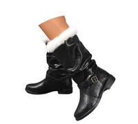 Generisch Stivali invernali fino al polpaccio con fibbia per cintura, colletto sintetico, stivaletti foderati in pile con polsini per una piacevole stagione fredda, Nero , 36 EU