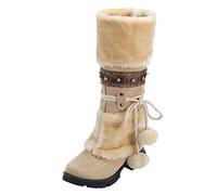 Generisch Stivali moderni da donna retrò con tacco rotondo a dieci medio, caldi stivali invernali, comodi design slip-on per le donne, beige., 42 EU