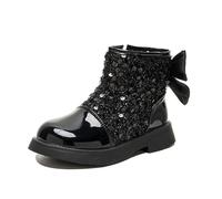 Generisch Stivali per bambini ragazze Stivali di vernice con paillettes Stivaletti Autunno Inverno Primavera Stivali stringati con cerniera laterale Scarpe corte Scarpe impermeabili antiscivolo, Nero