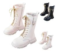 Generisch Stivali Ragazze Bianco Glitter Lacci Cerniera Suola Spessa In Pelle Similpelle Alla Moda Stivali Autunno Stivali Comode Vintage Stile Scarpe Primavera E Autunno Lunghi, 01 bianco, 30 EU