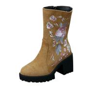 Generisch Stivali retrò con suola spessa, da donna, con zeppa, con stampa ricamata, con tacco alto e suola spessa, antiscivolo, con chiusura lampo laterale, cachi, 40 EU