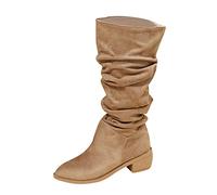 Generisch Stivali sopra il ginocchio da donna Shark Boots moda inverno donna metà polpaccio stivali tacco basso tinta unita slip on comodo, cachi, 41 EU