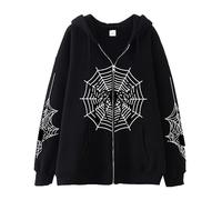 Generisch Streetwear - Felpa con cappuccio da uomo con motivo a ragno, stampa Y2K, alla moda, con chiusura lampo, stile vintage, con cerniera lampo, per feste e Halloween, Nero , 3XL