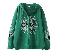 Generisch Streetwear - Felpa con cappuccio da uomo con motivo a ragno, stampa Y2K, alla moda, con chiusura lampo, stile vintage, con cerniera lampo, per feste e Halloween, verde, M