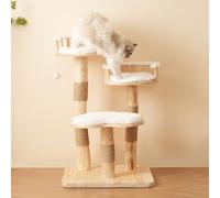 Generisch Struttura in legno massiccio per gatti con 3 livelli e cuscino a forma di nuvola, altezza 98 cm, avvolgimento in sisal e palla da gioco, design naturale per gatti attivi