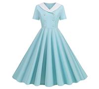 Generisch Summer Foreign Trade Explosion - Costume da donna con scollo a V, a maniche corte, tinta unita, stile retrò, doppiopetto, bottone, grande swing, Blu, XXL