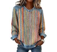 Generisch - Sweatshirt da donna, elegante, in stile denim, patchwork, a maniche lunghe, costume da cowboy, camicia a quadri, sweatshirt a manica lunga, hip hop, stile Y2K, longshirt, leopardato, jeans