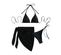 Generisch Tankini da donna, set da tre pezzi, con top a triangolo, design elegante, per una perfetta vacanza in spiaggia, Nero , S