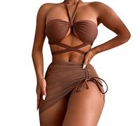 Generisch Tankini Set bikini a vita alta, accappatoio a tre pezzi, marrone, M