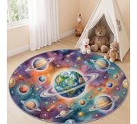 Generisch Tappeto da gioco per bambini, ultra morbido, antiscivolo, lavabile, galassia, spazio, per ragazze e ragazzi, moderni pianeti e corpi cieli, rotondo, 120 cm, blu