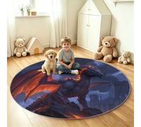 Generisch Tappeto rotondo Fantasy antiscivolo, lavabile, per camera da letto, gioco 3D, castello drago, facile da pulire, a pelo corto, per soggiorno, cameretta dei bambini, ufficio, 160 cm, blu