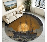 Generisch Tappeto rotondo vintage lavabile, antiscivolo, 100 cm, nero, con nave a vela e luna, in morbida flanella, per soggiorno, camera da letto, cucina, cameretta dei bambini