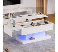 Generisch Tavolino da caffè a LED con ascensore idraulico e piastra scorrevole, design lucido, illuminazione a LED integrata, spazio sotto pannelli, 100 x 50 x 45 cm, bianco per soggiorno moderno