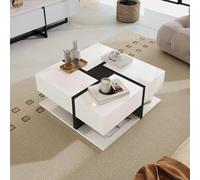 Generisch Tavolino da caffè lucido con 4 cassetti - Moderno tavolino di design in bianco/nero (78 x 78 x 36 cm), spazio extra e motivo linee di colore creativo per soggiorno