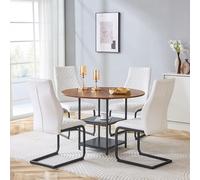 Generisch Tavolo da pranzo rotondo da 107 cm, con 4 sedie bianche, doppio ripiano portaoggetti, MDF e metallo, stile industriale, adatto per cucina, piccolo appartamento, caffè, fino a 4 persone