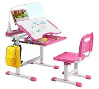 Generisch Tavolo e sedia per bambini con supporto per libri e luce a LED, scrivania per bambini regolabile in altezza, con tavolo inclinato e cassetto, scrivania per bambini per ragazzi e ragazze
