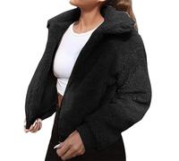 Generisch Teddy - Giacca in pile da donna calda senza cappuccio: giacca invernale da donna, in peluche, con chiusura lampo, foderata, in pile, tinta unita, sottile, per le mezze stagioni, Nero , 3XL