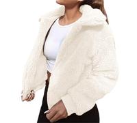Generisch Teddy - Giacca in pile da donna calda senza cappuccio: giacca invernale da donna, in peluche, con chiusura lampo, foderata, in pile, tinta unita, sottile, per le mezze stagioni, bianco, L