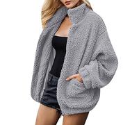 Generisch Teddy, giacca invernale da donna, calda, per le mezze stagioni, con colletto alto, con tasche, tinta unita, casual, da donna, Grigio 181, M