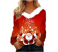 Generisch Top a maniche lunghe da donna elegante casual stampato peluche scollo a V camicie delicate moda autunno camicetta uvetta, Vino, XXL