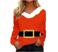 Generisch Top a maniche lunghe da donna elegante casual stampato peluche scollo a V camicie delicate moda autunno camicetta uvetta, Colore: rosso, XL
