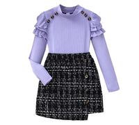 Generisch Top a maniche lunghe per bambini e bambine, con colletto alto e gonna a quadretti, 2 pezzi, casual, inverno, autunno, feste a scuola, Lilla, 11-12 Anni