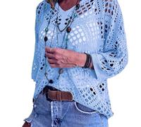 Generisch Top all'Uncinetto Estivi da Donna, Top con Maniche a Pipistrello vuote con Scollo a V per Donne Boho (Sky Blue,XXL)