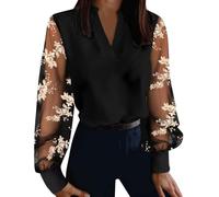 Generisch - Top con scollo a V, pizzo, a rete, a maniche lunghe, elegante top da donna, beige., L