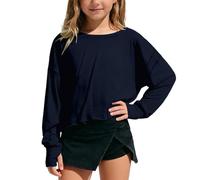 Generisch Top corto casual a maniche lunghe con scollo sulla schiena, dettagli in pizzo per ragazze, ideale per adolescenti e giovani donne nella vita di tutti i giorni, Blu marino, 11-12 Anni