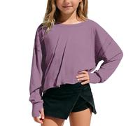 Generisch Top corto casual a maniche lunghe con scollo sulla schiena, dettagli in pizzo per ragazze, ideale per adolescenti e giovani donne nella vita di tutti i giorni, Lilla, 5-6 Anni