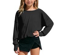 Generisch Top corto casual a maniche lunghe con scollo sulla schiena, dettagli in pizzo per ragazze, ideale per adolescenti e giovani donne nella vita di tutti i giorni, Nero , 11-12 Anni