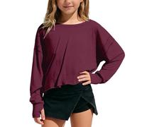 Generisch Top corto casual a maniche lunghe con scollo sulla schiena, dettagli in pizzo per ragazze, ideale per adolescenti e giovani donne nella vita di tutti i giorni, Vino, 7-8 Anni