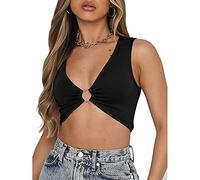 Generisch Top corto da donna, sexy, alla moda, casual, con scollo a V, maniche corte, senza maniche/a maniche lunghe, bodycon Y2k, reggiseno sportivo basic, per tutti i giorni, Nero , S