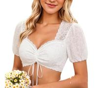 Generisch Top corto in pizzo con maniche a sbuffo da donna, elegante, in stile barocco, ideale per feste, viaggi, ufficio, appuntamenti, vita quotidiana, versatile con jeans, gonne, pantaloni o