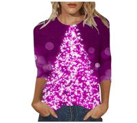 Generisch Top da donna alla moda albero di Natale stampa girocollo maniche a quarto design natalizio stampa albero festa moda grafica stagionale, rosa intenso, XXL