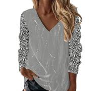 Generisch Top da donna con brillantini, taglie grandi, da donna, con brillantini, casual, per carnevale, elegante, con scollo a V, a maniche lunghe, in tinta unita, grigio., XL